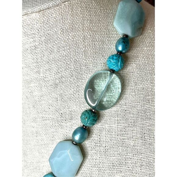 Artisan Silver 925 Amazonite Crystal, Pearl, Faux Turquoise Statement Necklace - Picture 3 of 6